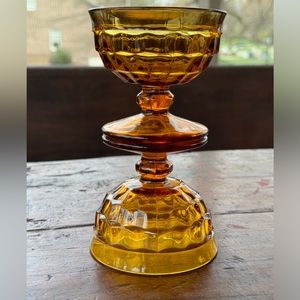 2 Vintage Indiana Amber Glass Whitehall Cubist Footed Sherbet Dish Dessert Bowls